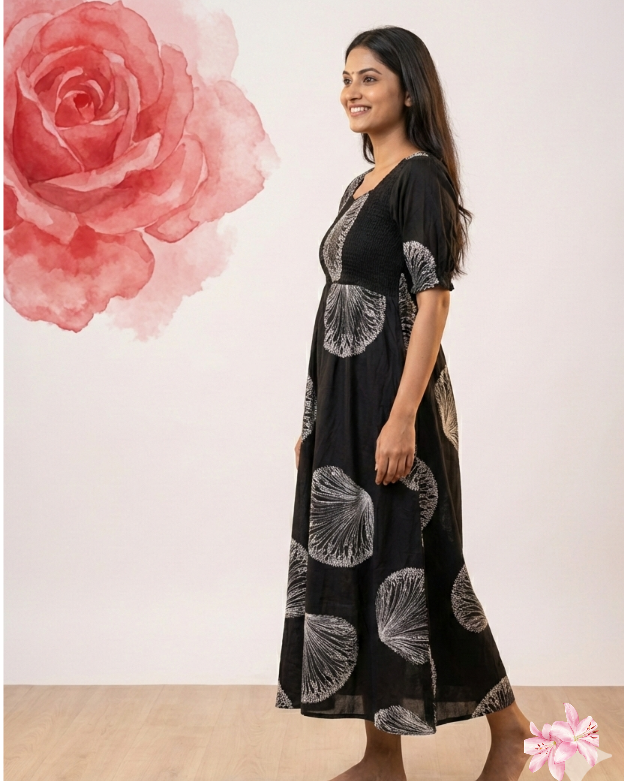 Premium Black Leaf Print Flowy Rayon Cotton Maxi Dress