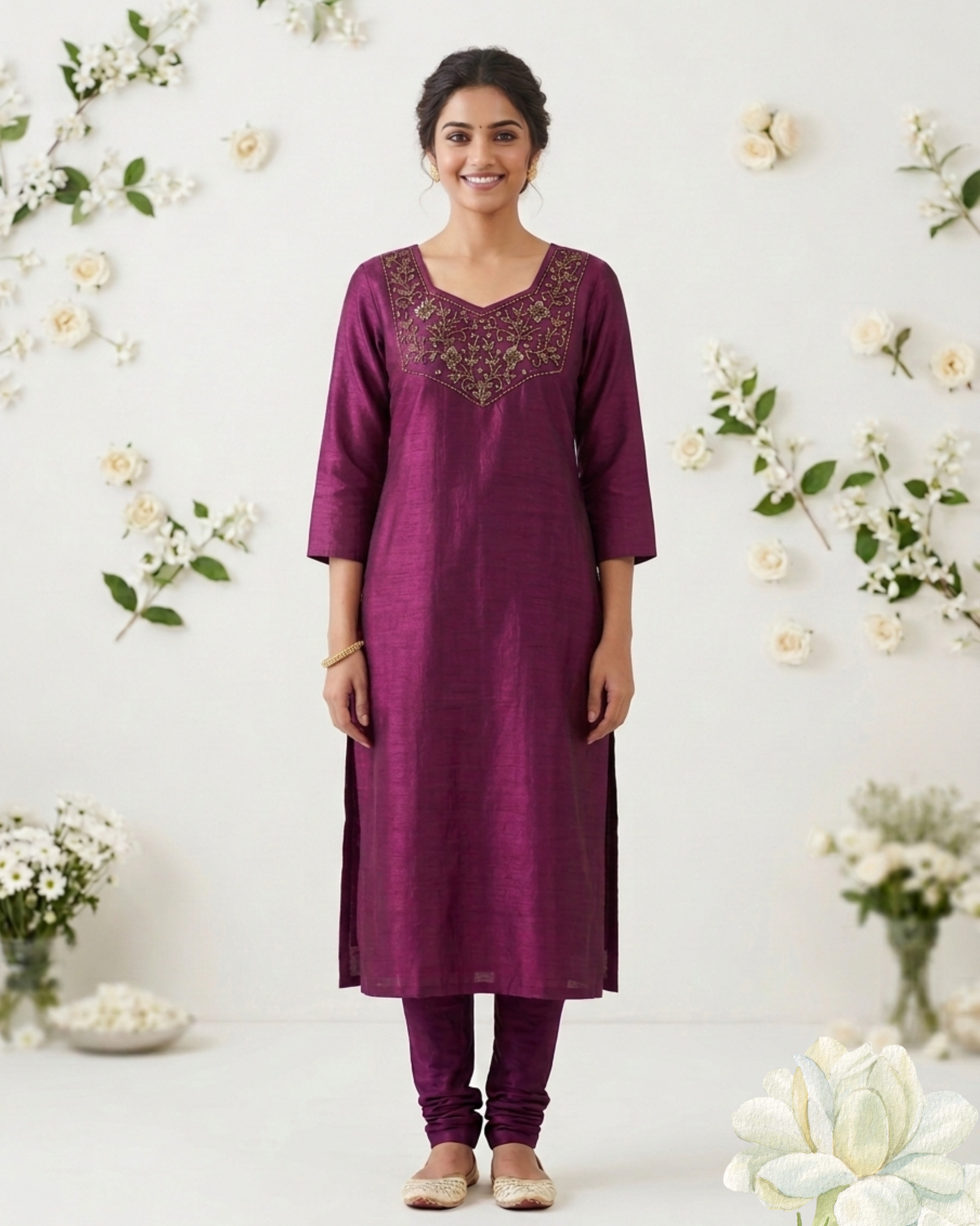 Elegant Wine Hand Work Vatican Silk Kurti