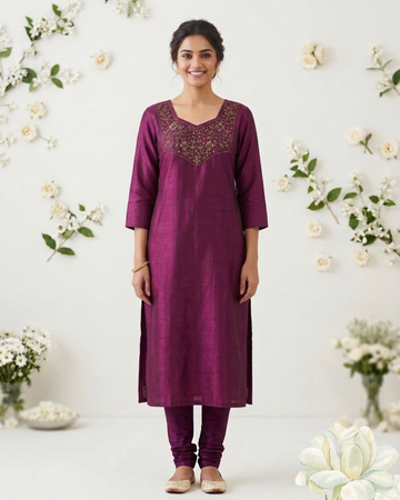 Elegant Wine Hand Work Vatican Silk Kurti