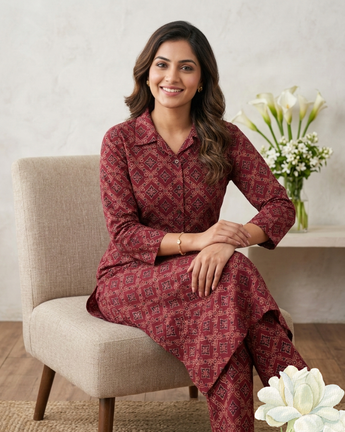 Elegant Maroon Printed Cotton Kurta Pant Set for Women – Straight Fit Casual Ethnic Wear