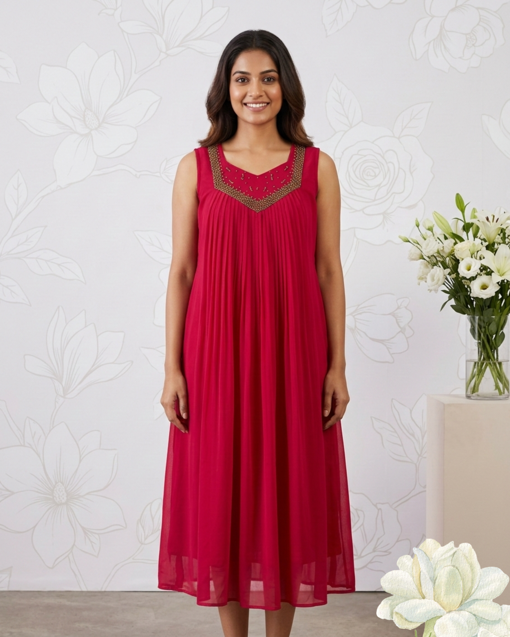 Red Pleated Hand Work Sleeveless Frock