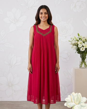 Red Pleated Hand Work Sleeveless Frock