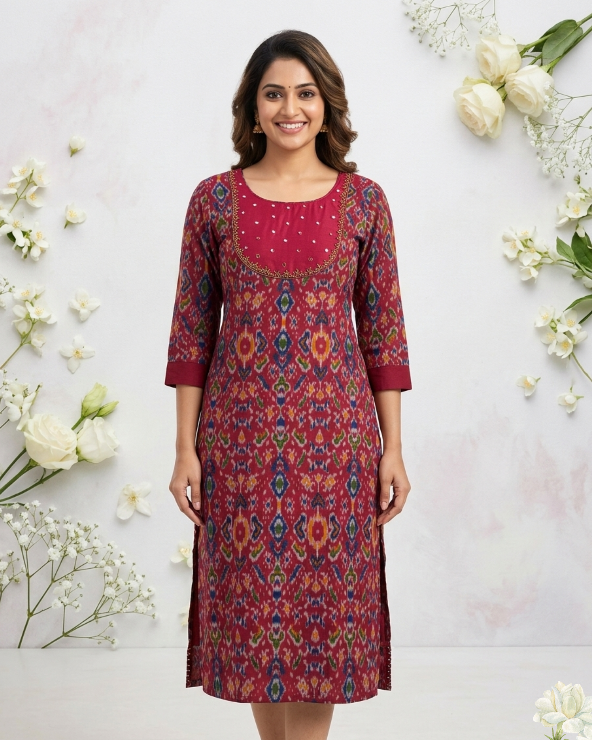 Maroon Ikat Print Straight Kurti – Stylish Ethnic Kurta for Women