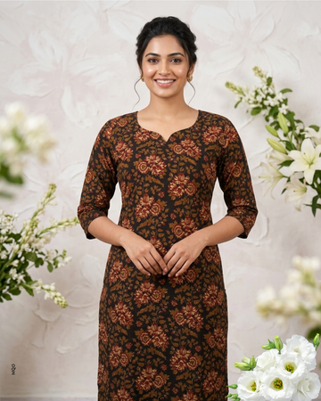 Brown & Orange Floral Printed Straight Cotton Kurti