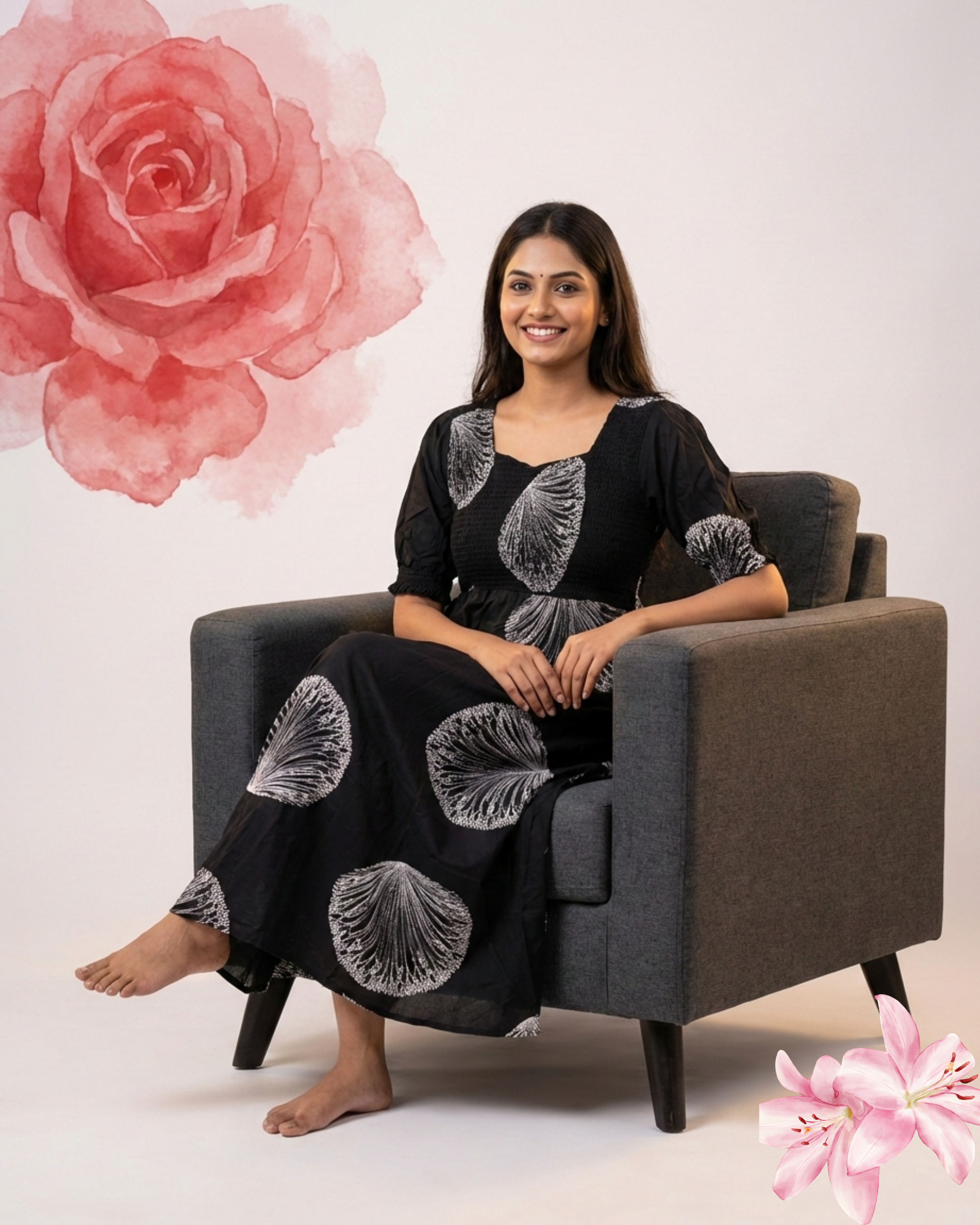 Premium Black Leaf Print Flowy Rayon Cotton Maxi Dress