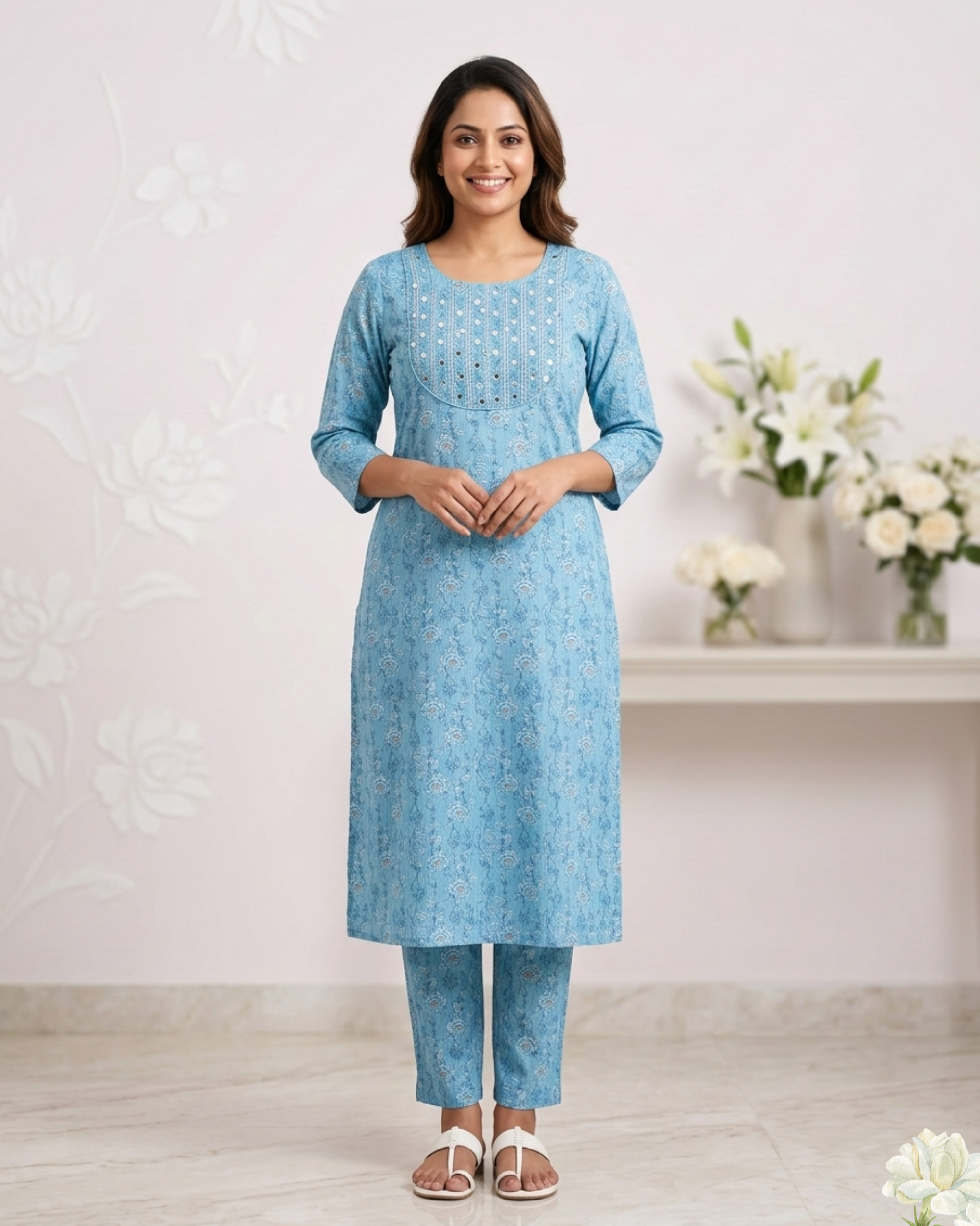 Sky Blue Ethnic Printed Mirror Work Cotton Kurti Set