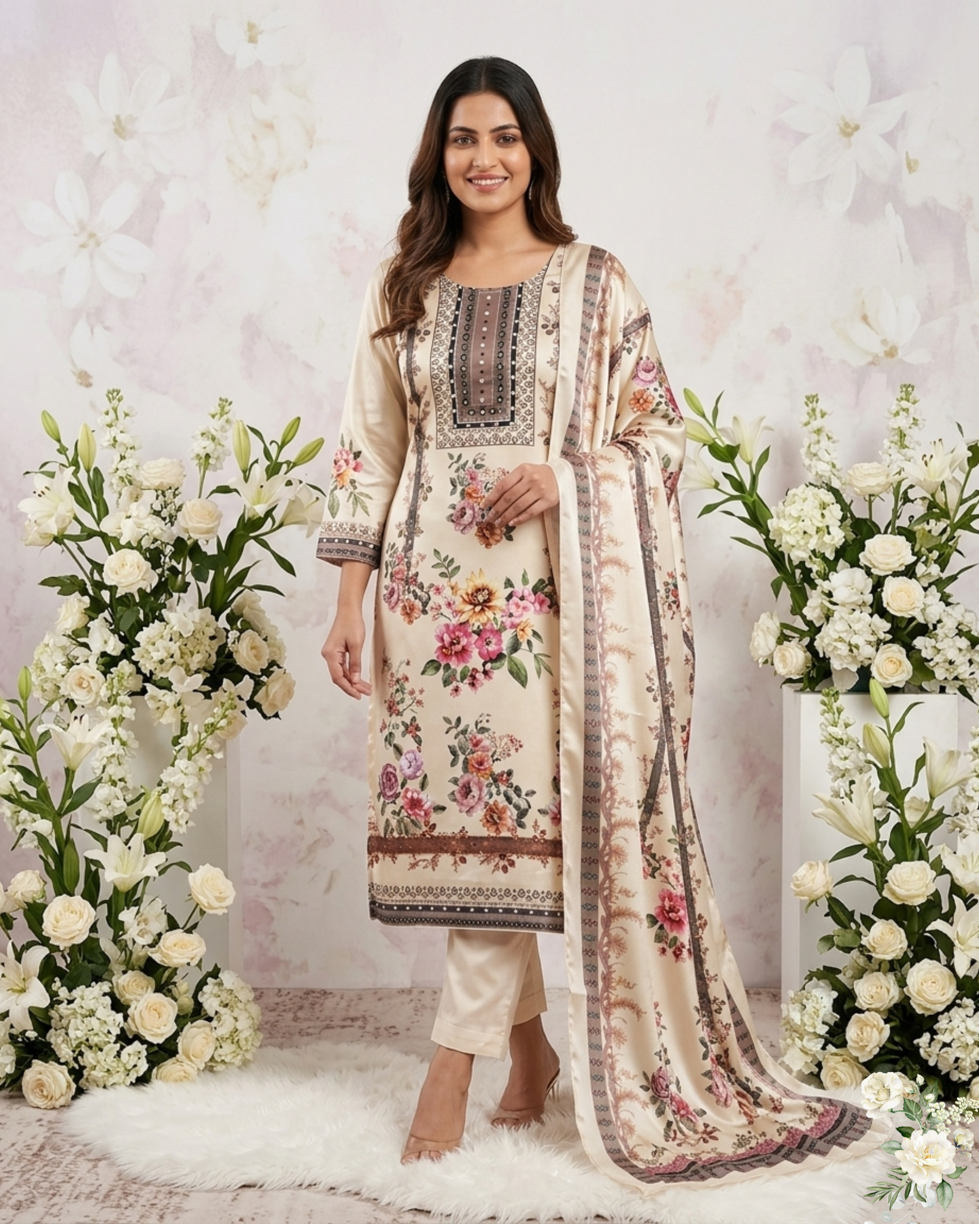 Malasiya Satin Hand work Kurti Pant & Duppatta Set