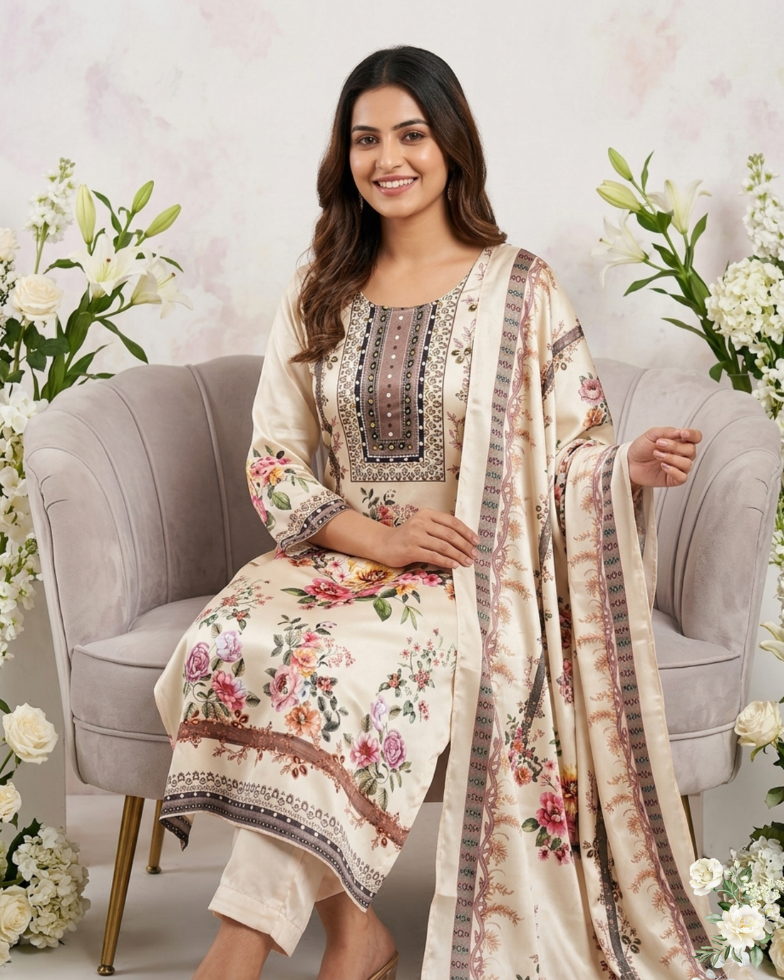 Malasiya Satin Hand work Kurti Pant & Duppatta Set