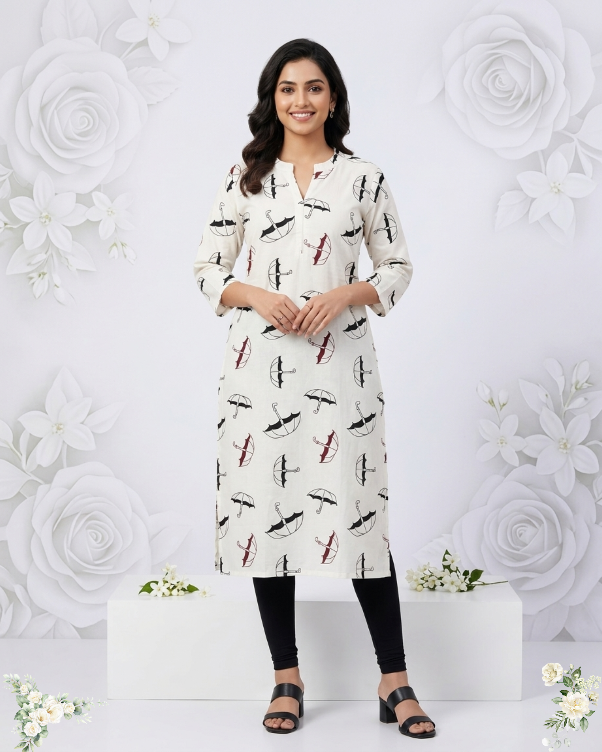 White Umbrella Floral Design V - Neck Pure Cotton Kurti