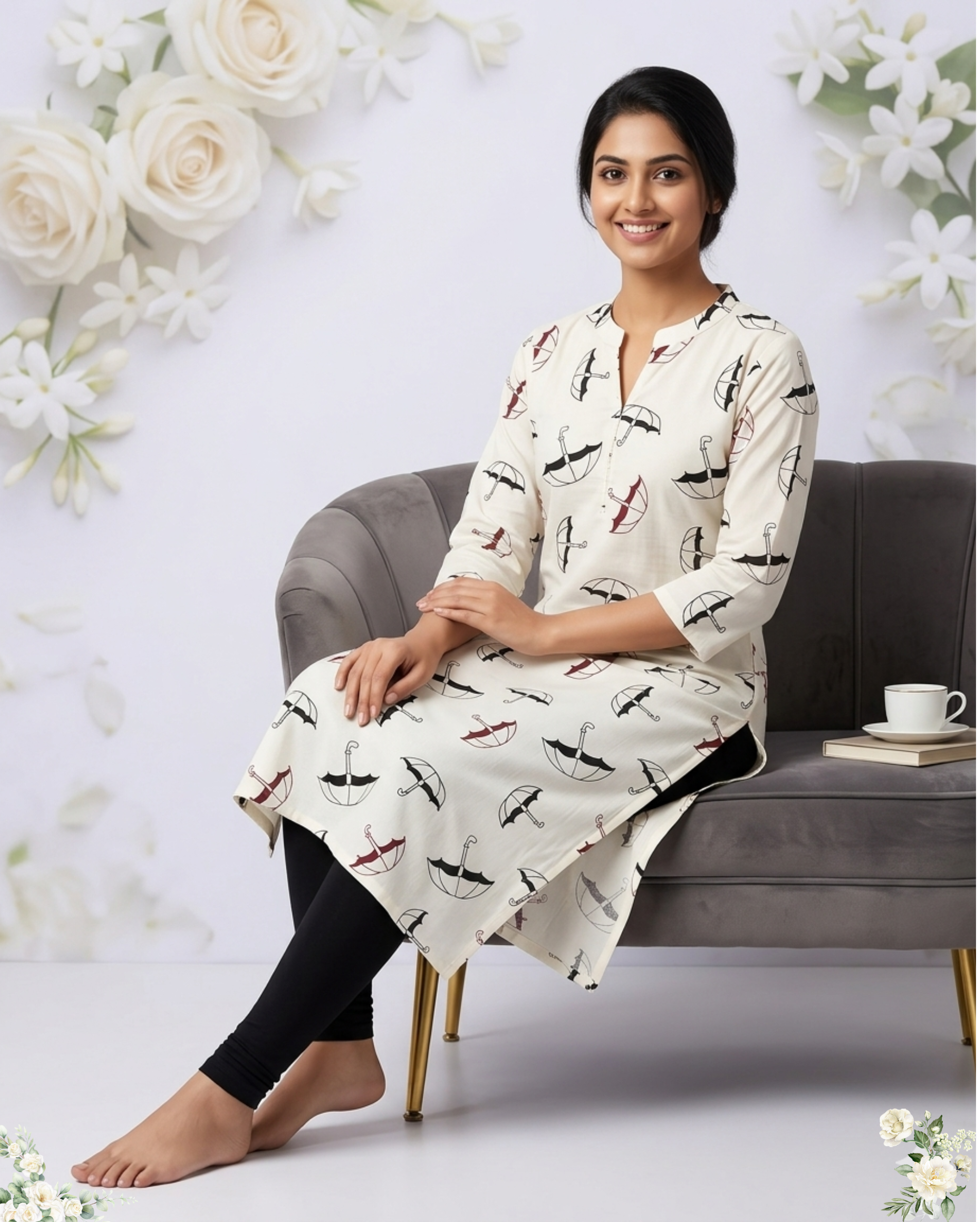 White Umbrella Floral Design V - Neck Pure Cotton Kurti