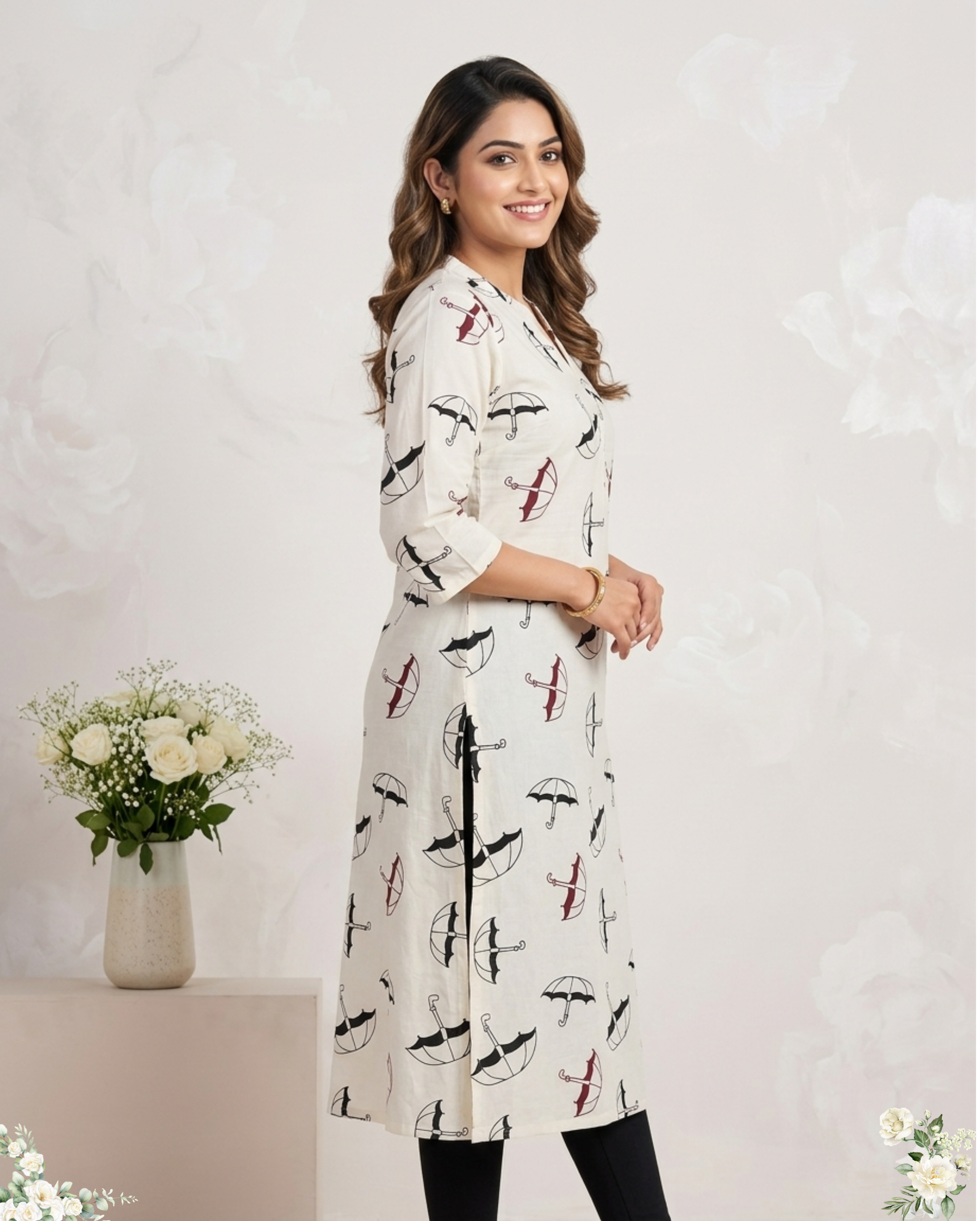 White Umbrella Floral Design V - Neck Pure Cotton Kurti