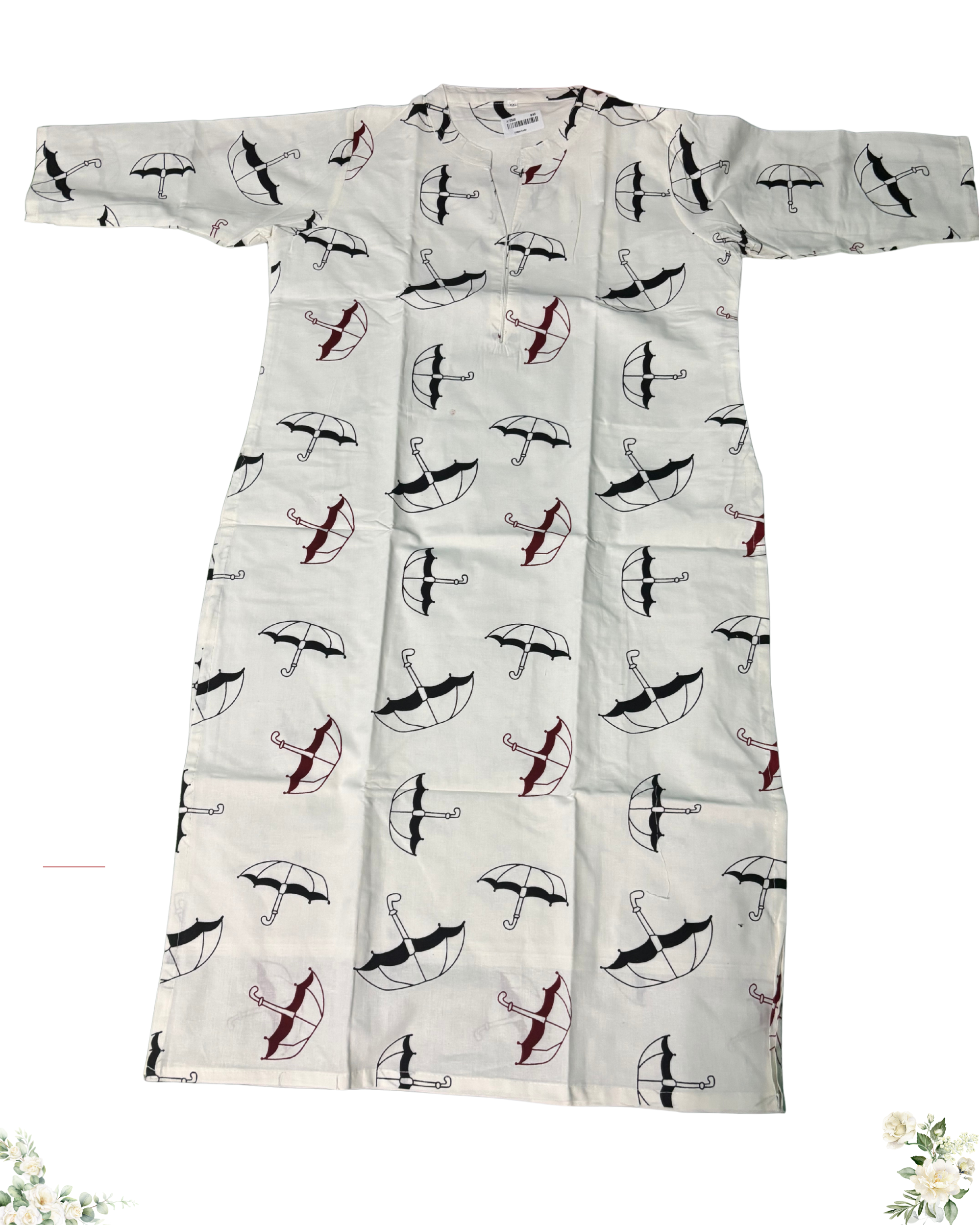 White Umbrella Floral Design V - Neck Pure Cotton Kurti