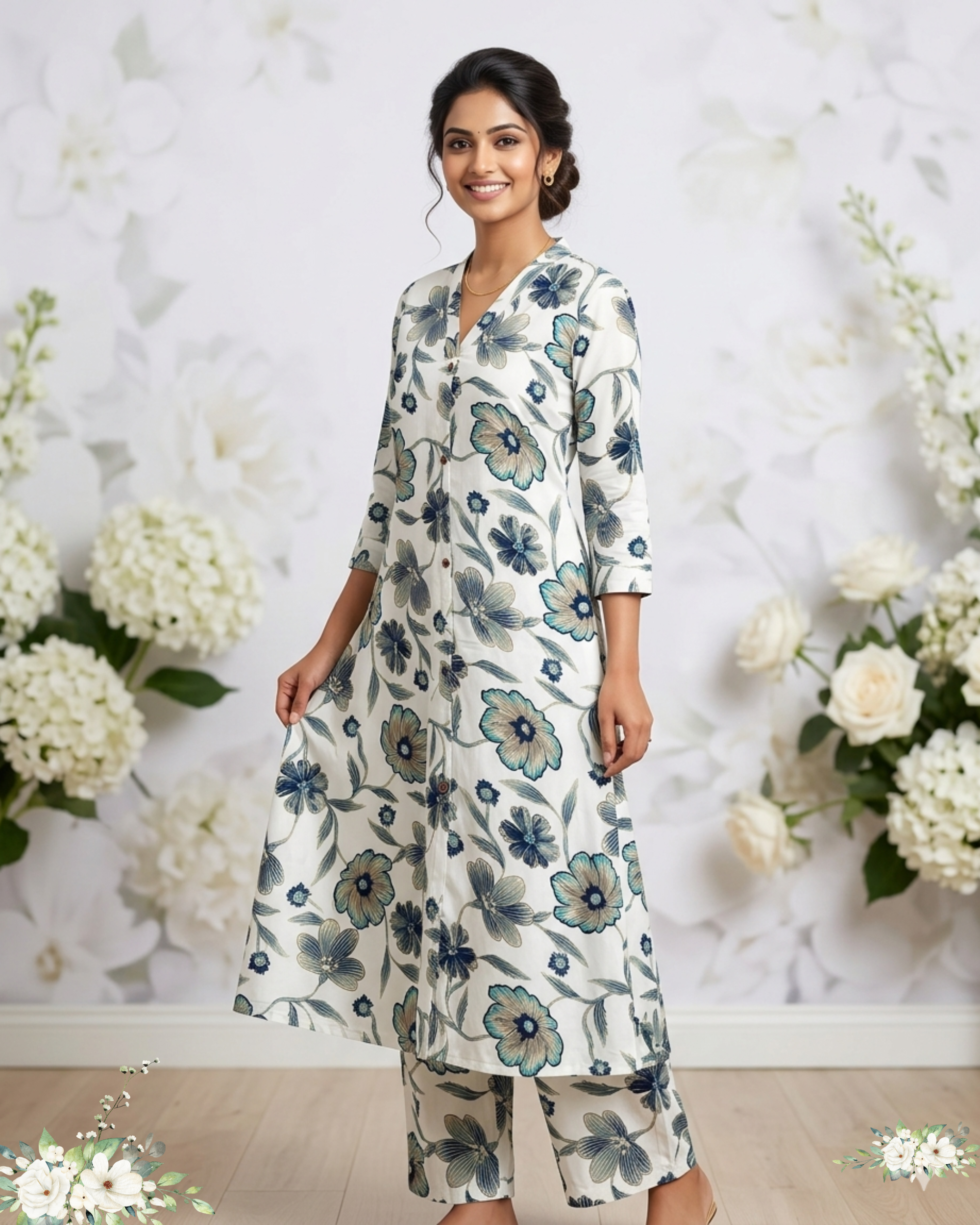 White & Blue Floral Print v-Neck Rayon Cotton Kurti Set