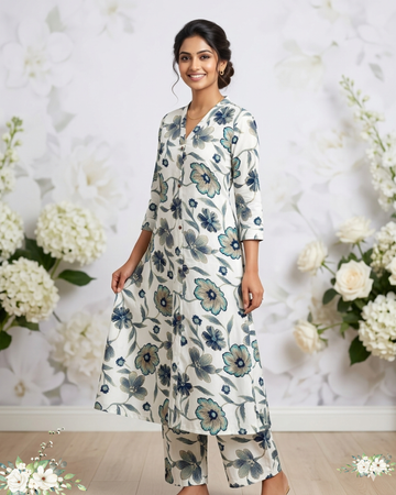 White & Blue Floral Print v-Neck Rayon Cotton Kurti Set