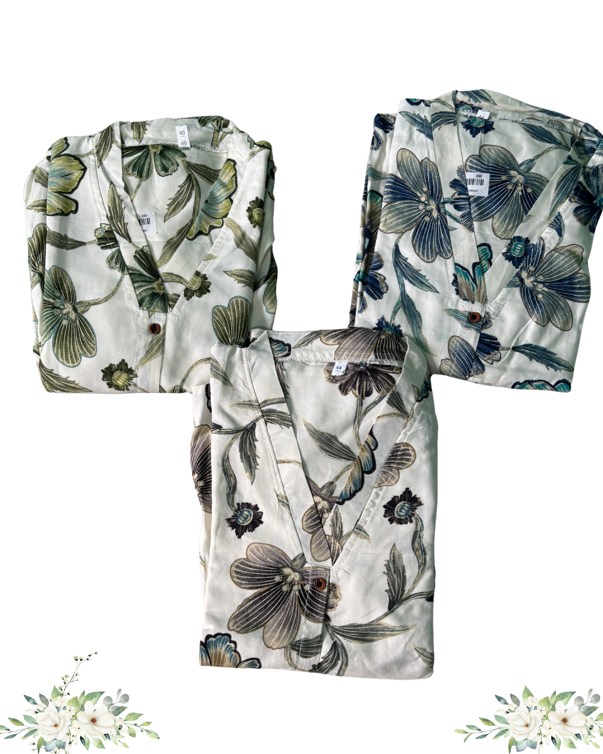White & Blue Floral Print v-Neck Rayon Cotton Kurti Set