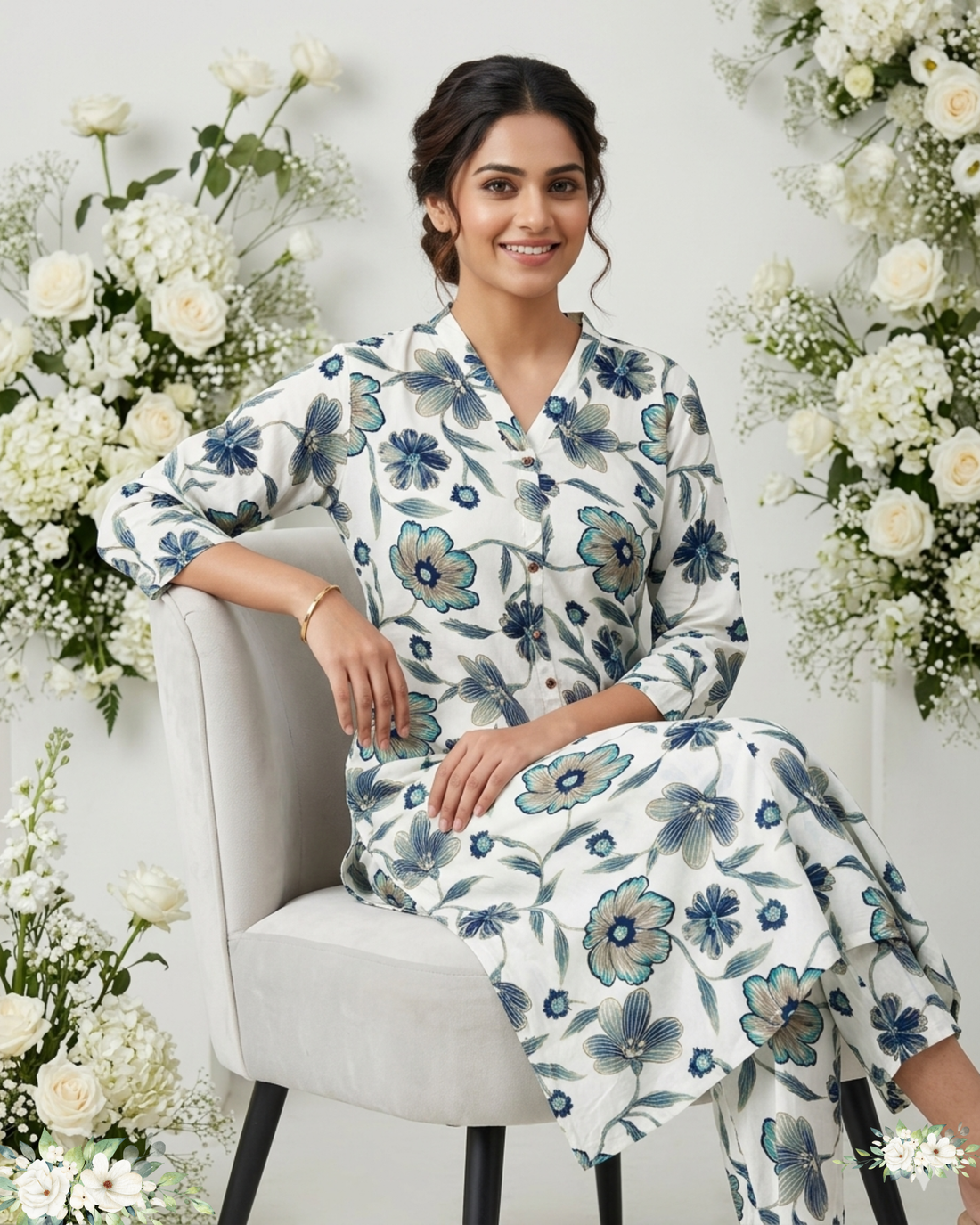 White & Blue Floral Print v-Neck Rayon Cotton Kurti Set