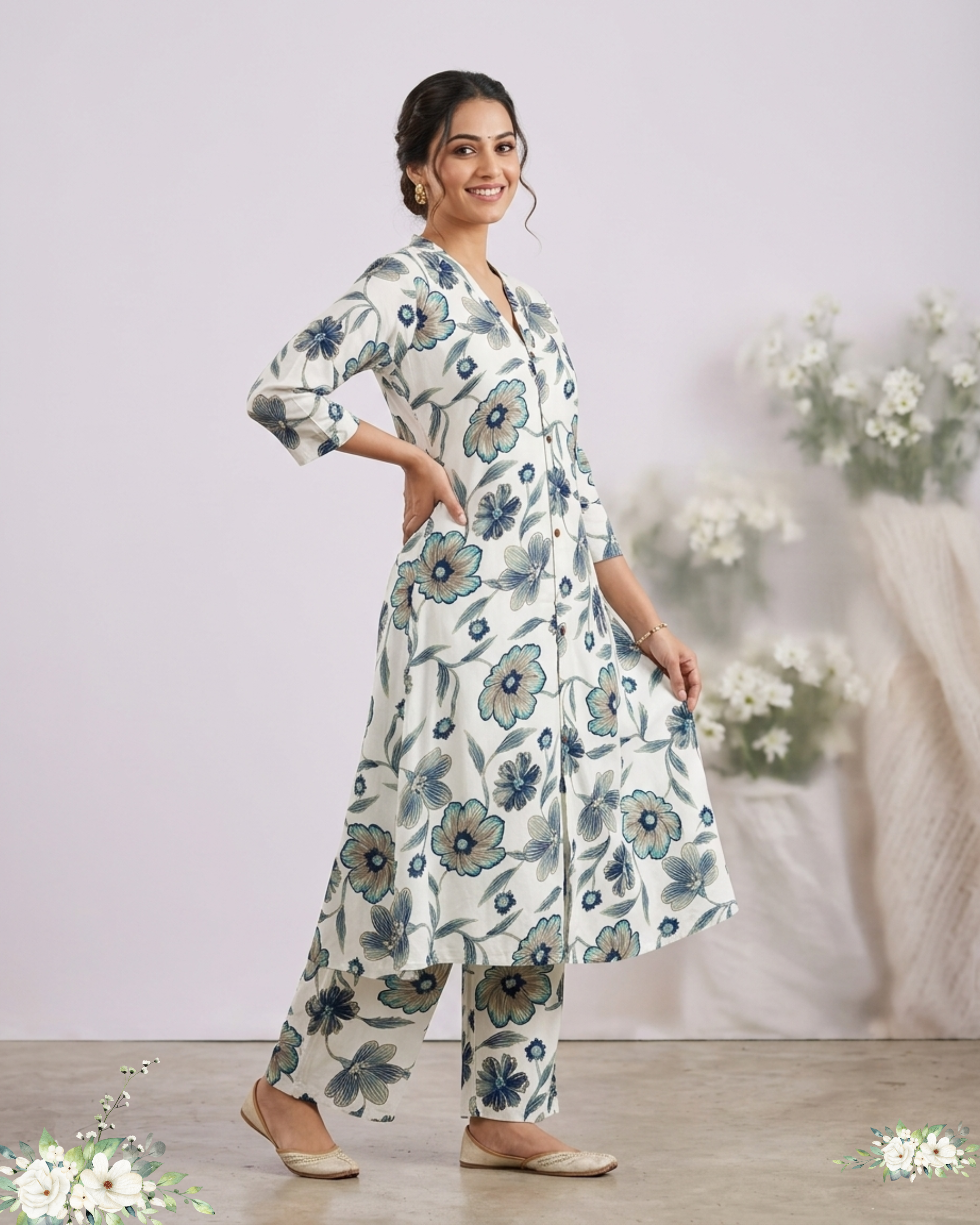 White & Blue Floral Print v-Neck Rayon Cotton Kurti Set