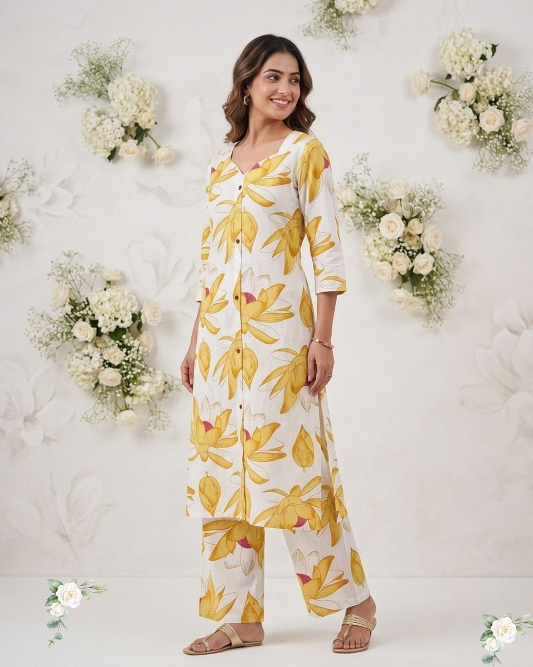 Flora Yellow & White Pure Cotto Kurti Set