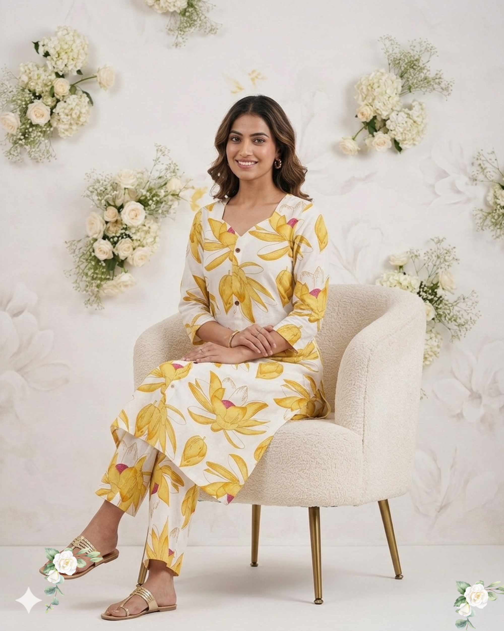 Flora Yellow & White Pure Cotto Kurti Set