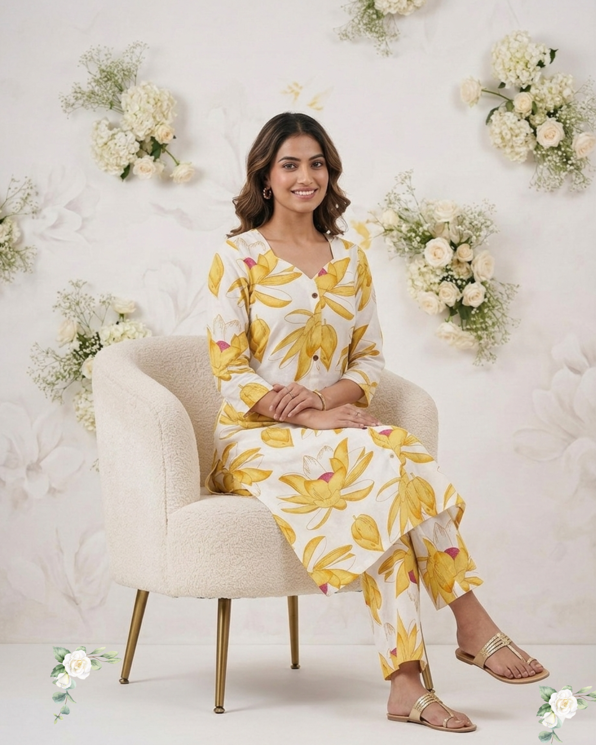 Flora Yellow & White Pure Cotto Kurti Set