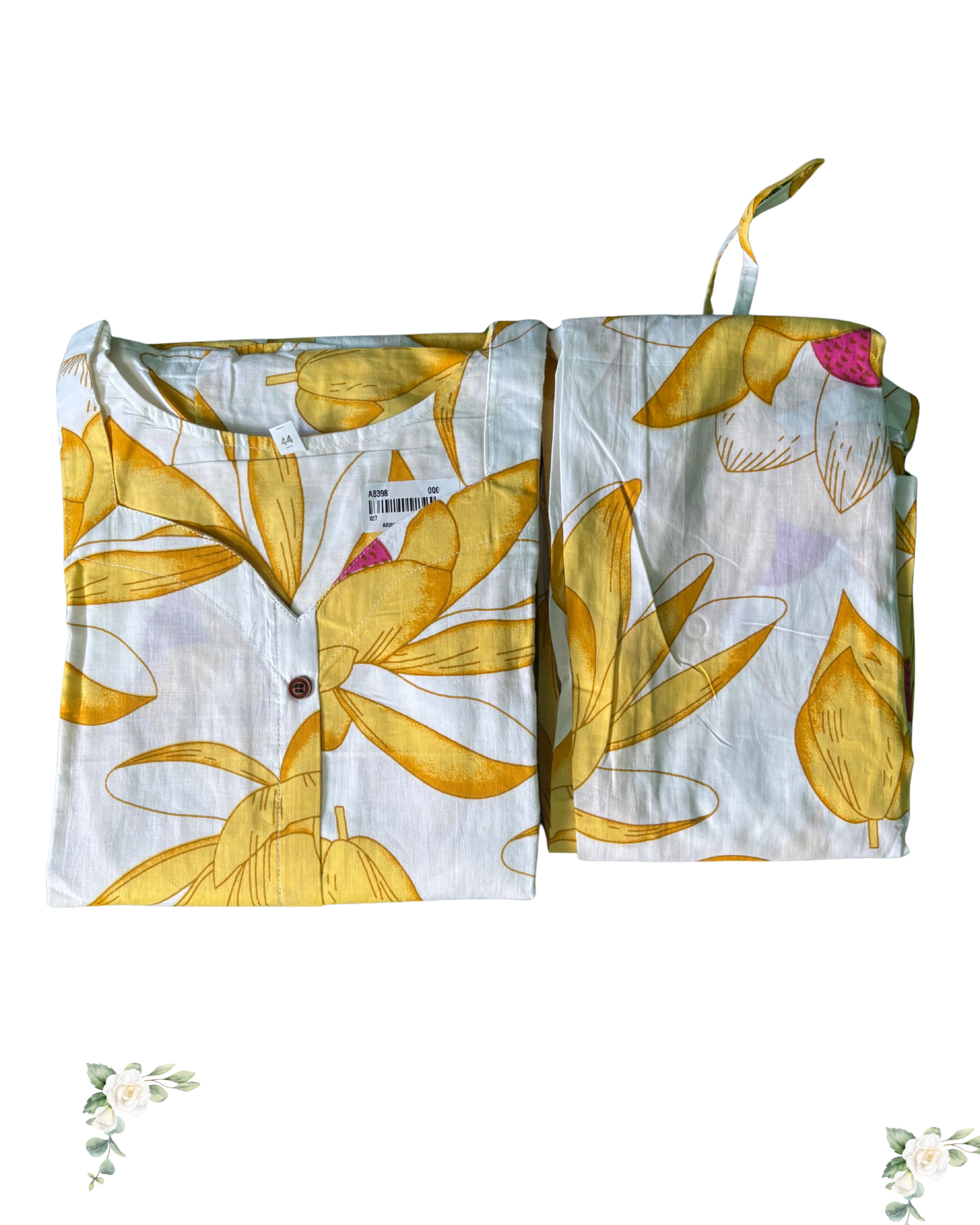 Flora Yellow & White Pure Cotto Kurti Set