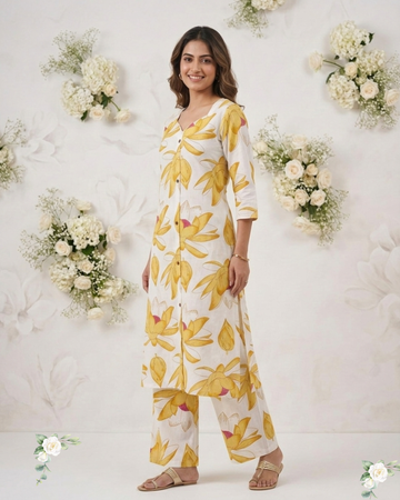 Flora Yellow & White Pure Cotto Kurti Set